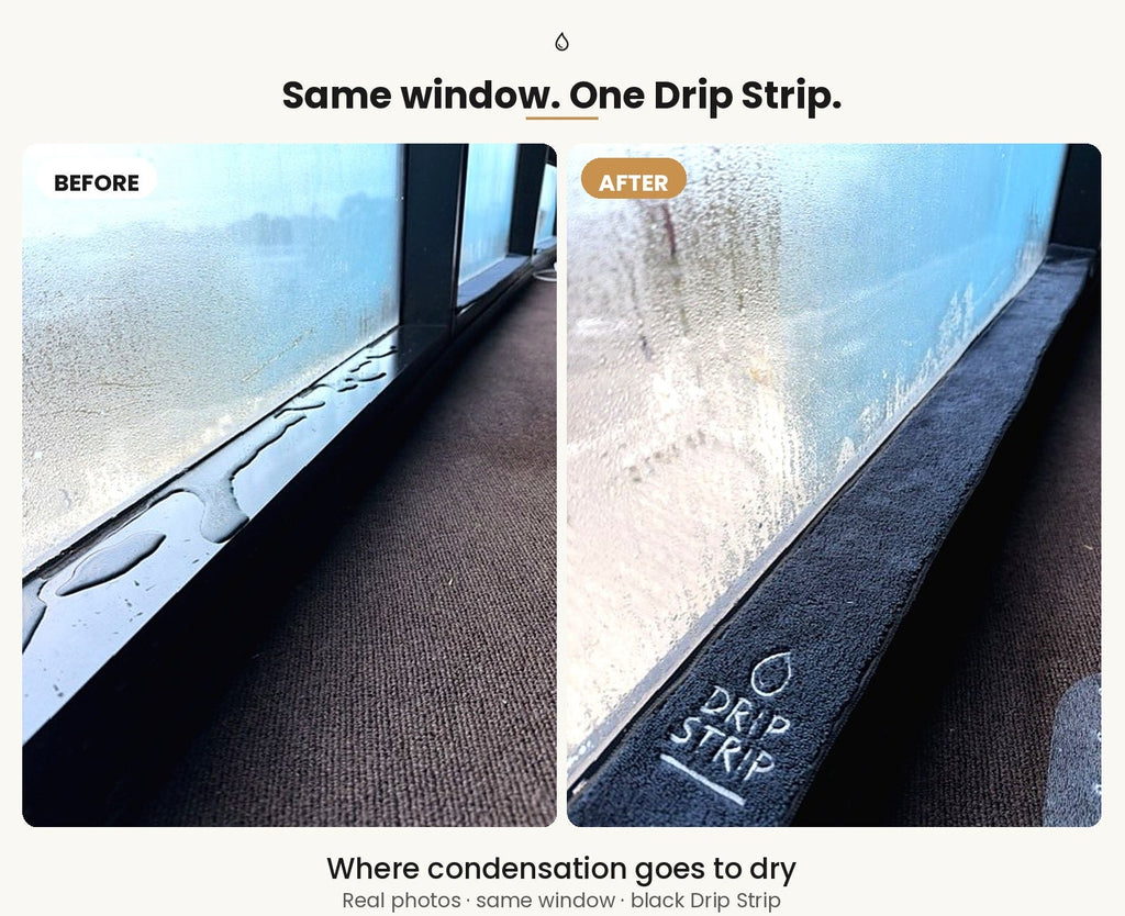 Before and after comparison of a window with a drip strip, showing reduced condensation.